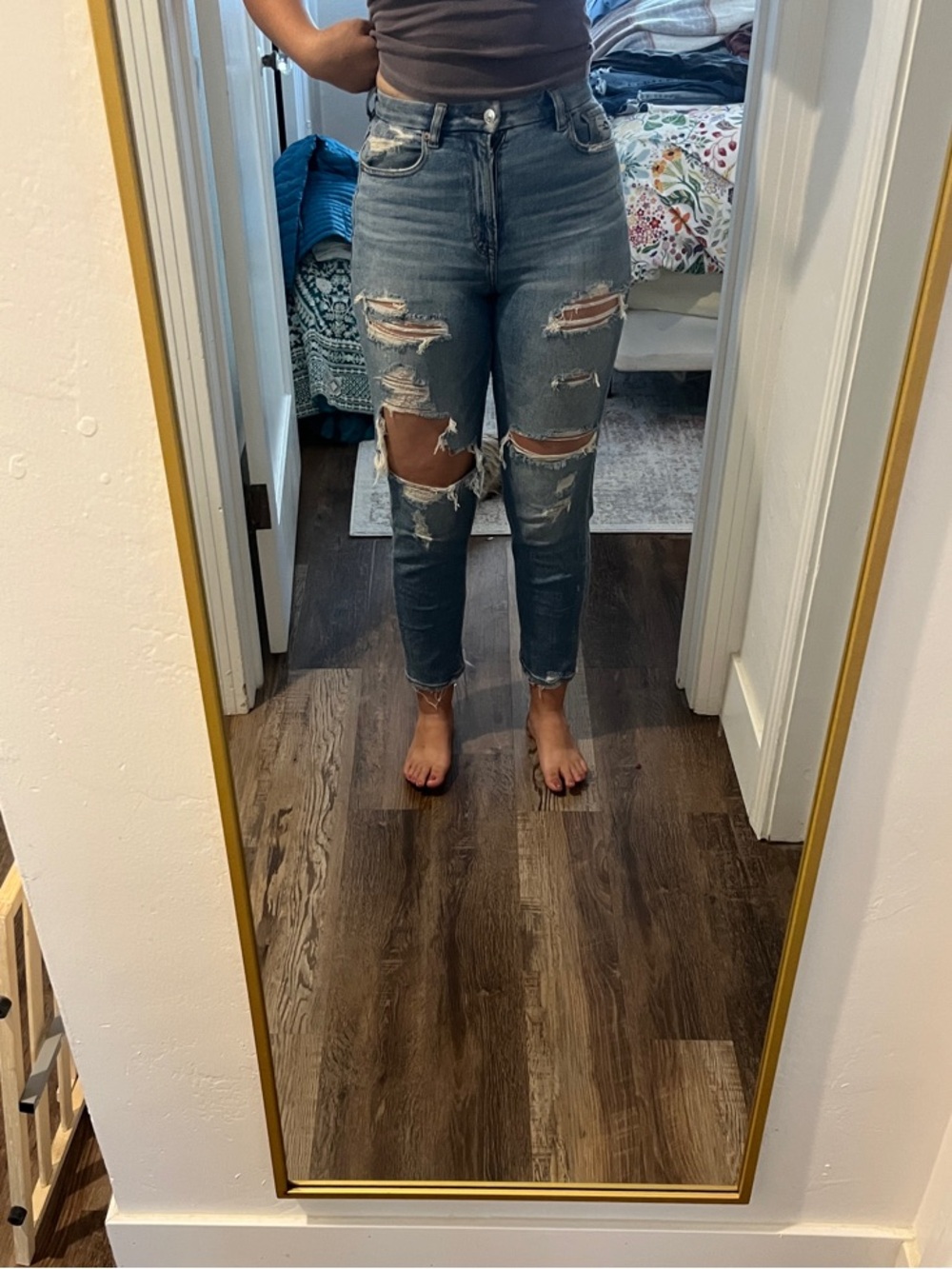 American Eagle Outfitters Distressed High-Rise Cropped Jeans - Light Blue